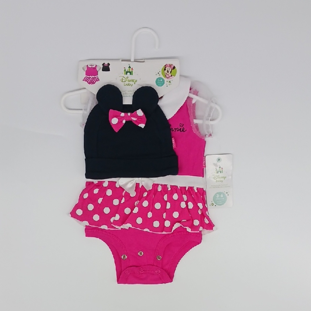 Disney Baby Pink & White Short Sleeve Bodysuit And Matching Black Hat NWT (3-6M)